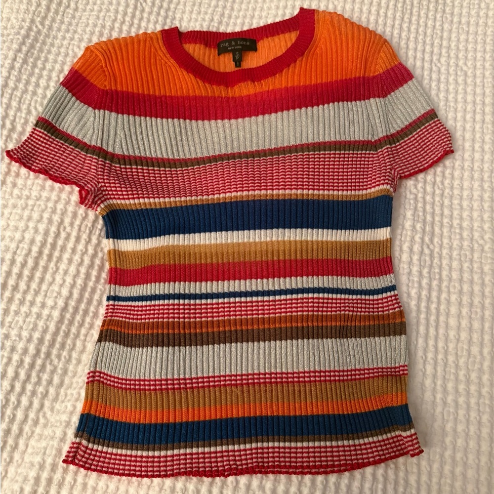 rag & bone Multicolor Ribbed Short-Sleeve Stripe Top